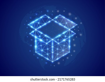 Open box 3d low poly symbol with blue world map background. Delivery concept design vector illustration. Giftbox polygonal symbol with connected dots