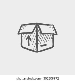 Open box with arrow loading, incoming sketch icon for web and mobile. Hand drawn vector dark grey icon on light grey background.