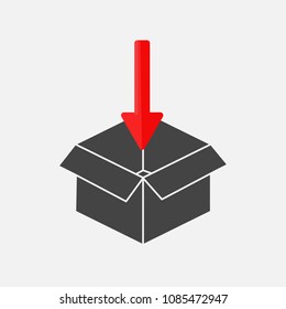 Open box and arrow pointing into the box, inside a vector image. Packing and goods packing mark.