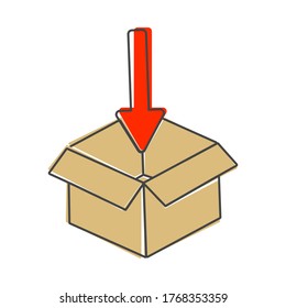 Open box and arrow pointing into the box, inside a vector image. Packing and goods packing mark cartoon style on white isolated background.