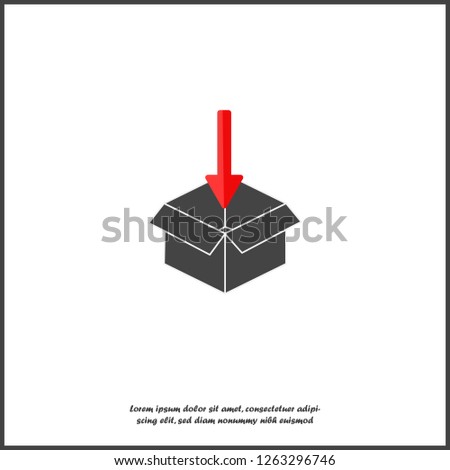 Open box and arrow pointing into the box, inside a vector image. Packing and goods packing mark on white isolated background. Layers grouped for easy editing illustration. For your design.