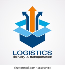 Open box with an up arrow, safe delivery,Box unpack symbol, vector logo design template.