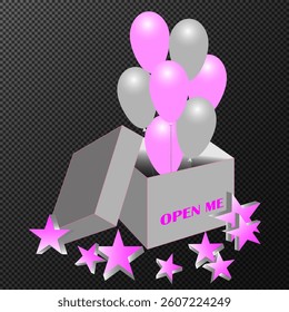 open box with balloons, gift, transparent background