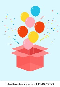 Open box with balloons vector illustration.