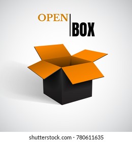 Open box, black cardboard, vector container.