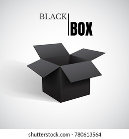 Open box, black cardboard, vector container.
