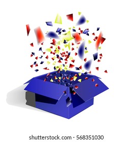 The open box, blue gift and confetti.