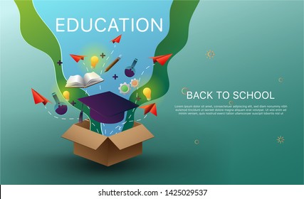 Open the box and open a book, the concept of modern education is a vertical vector.