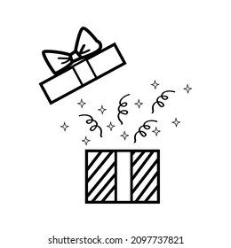 Una caja abierta con un arco y una sorpresa y un confetti en línea de arte. Un elemento para un banner de vacaciones, afiche web, folleto, tarjeta de saludo.