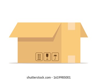 Open box. Carton delivery packaging with fragile signs. Box for packaging goods or belongings for moving. Vector illustration isolated on white