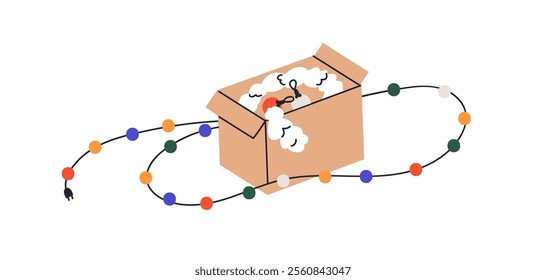 Open box with Christmas decoration. Unpacking festive ornaments from cardboard. Holiday garland, Xmas electric lights, tinsel decor, baubles. Flat vector illustration isolated on white background