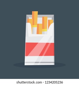 Open box with cigarette inside. Tobacco pack. Bad addiction concept. Isolated flat vector illustration