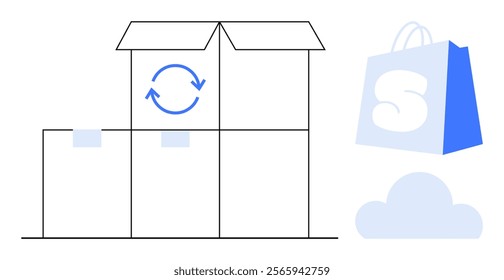 Open box with circular arrows, stacked boxes on the left, shopping bag with S on the right, and a small cloud below. Ideal for online shopping, e-commerce, shipping, delivery, cloud storage