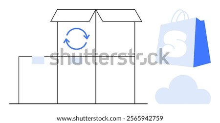 Open box with circular arrows, stacked boxes on the left, shopping bag with S on the right, and a small cloud below. Ideal for online shopping, e-commerce, shipping, delivery, cloud storage