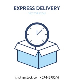 Open box and clock face icon. Vector illustration of an open box and watch face inside. It represents a concept of fast cargo delivery, short delivery time or waiting for the gift for the holiday