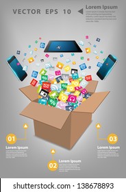 Open box with cloud of colorful application icon, Business software and social media networking service concept, Vector illustration modern template design