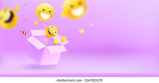 Open box with confetti and emojis. Surprize concept. 3d vector banner with copy space