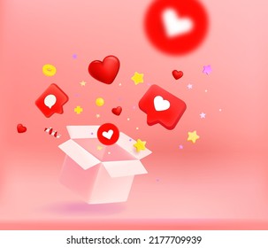 Open Box With Confetti And Hearts. Fall In Love Concept. 3d Vector Banner 