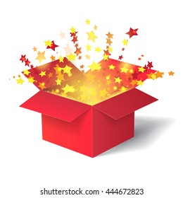 Open box with confetti isolated on white background. Vector illustration.