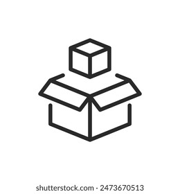 Open box with cube, linear style icon. Box with a cube being placed inside or taken out. Editable stroke width.