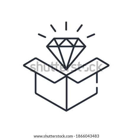 Open box and diamond. Launch of new products, services. Product marketing promotion. Vector linear icon isolated on white background.