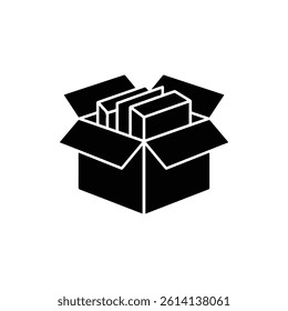 Open Box with Documents Packaging Flat Black Icon