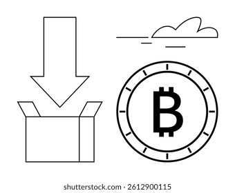 Open box with downward arrow, Bitcoin symbol in a circular frame, and cloud on the side. Ideal for cryptocurrency, finance, investment, transactions, blockchain, digital currency, and online trading