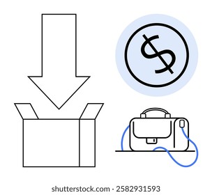 Open box with downward arrow, dollar sign in a circle, and briefcase with strap. Ideal for logistics, finance, business transactions, e-commerce, banking, investment, and online shopping concepts