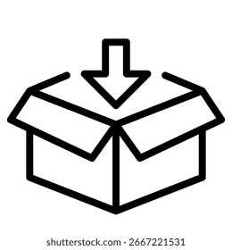 Open box with a downward pointing arrow is shown with black outline on a white backdrop, conveying a minimal style appropriate for shipping and delivery illustrations.