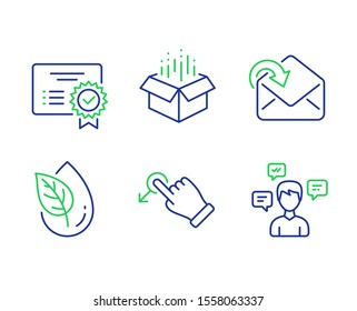 Open box, Drag drop and Receive mail line icons set. Certificate, Organic product and Conversation messages signs. Delivery package, Move, Incoming message. Verified document. Business set. Vector