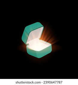 Open box for engagement ring with glow rays emanating from it, realistic vector illustration isolated on dark background. Open gift box for jewelry and treasures.