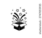 An open box exploding with stars and ribbons in a celebratory scene