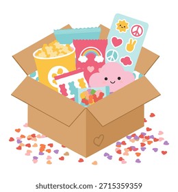 Caja abierta llena de caramelos, palomitas de maíz y lindas pegatinas, con corazones repartidos.
