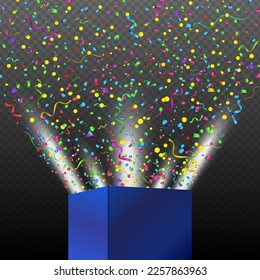 Open box with fireworks from colorful confetti and serpentine on transparent background. WOW gift box. Vector illustration holiday background.