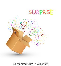 Open Box With fireworks from confetti. Vector