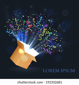 Open Box With fireworks from confetti. Vector