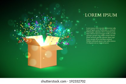 Open Box With fireworks from confetti. Vector