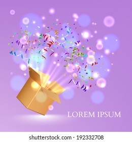 Open Box With fireworks from confetti. Vector