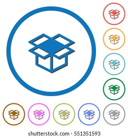 Open box flat color vector icons with shadows in round outlines on white background