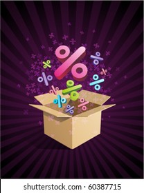 Open box with fly 3d colorful percent vector background