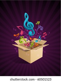 Abrir caja con fondo vectorial de notas de música coloridas de 3d de mosca