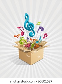 Open Box With Fly 3d Colorful Music Notes Vector Background