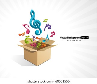 Open Box With Fly 3d Colorful Music Notes Vector Background