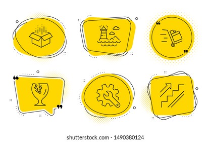 Open box, Fragile package and Stairs signs. Chat bubbles. Push cart, Customisation and Lighthouse line icons set. Express delivery, Settings, Navigation beacon. Delivery package. Vector