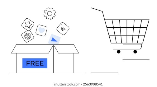 Open box with free icons and a shopping cart. Ideal for online shopping, e-commerce, free products, delivery, and marketing themes. Simple and clean line art style