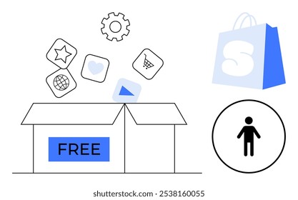 Open box with free sign and various icons floating including star, heart, cart, gear. Nearby is a shopping bag with the letter S and a circle with a person symbol. Ideal for online shopping