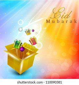 Open box with full of gift boxes on colorful background for celebration of Muslim community festival Eid Mubarak. EPS 10.