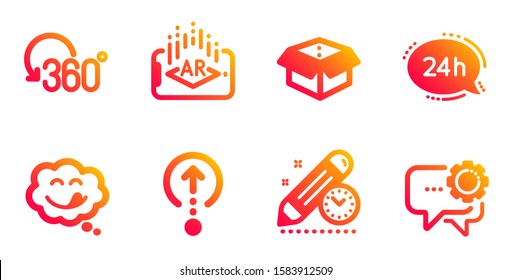 Open box, Full rotation and 24h service line icons set. Augmented reality, Swipe up and Project deadline signs. Yummy smile, Employees messenger symbols. Delivery package, 360 degree. Vector