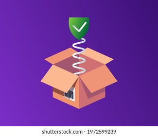 Open box with gift on a spring as an antivirus. Creative online defence, security symbol, sign. Vector flat illustration