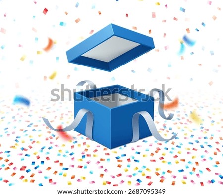 Open box with gift ribbon on a background of multi-colored confetti, isolated on a light background. Vector illustration.